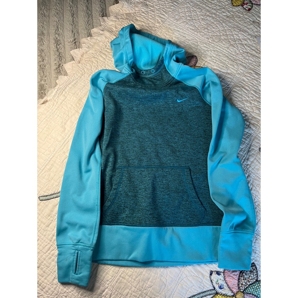 Nike Therma-FIT Hoodie Blue Teal Heathered Pullover Thumbholes Womens Small